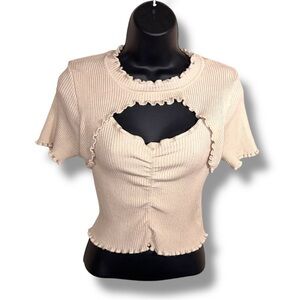 Large Cotton Emporium Beige Ribbed Knit Cropped Top Neutral Lettuce Trim